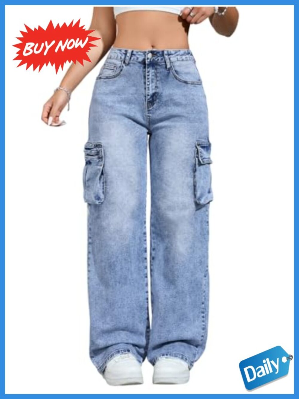 Cargo Jeans for Women 6 Pockets High Waisted Straight Wide Leg Denim Pants